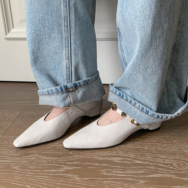 Karin Luna In Stock Spot Goods    Retro Classic Metal Camellia Irregular Heel Single Shoes