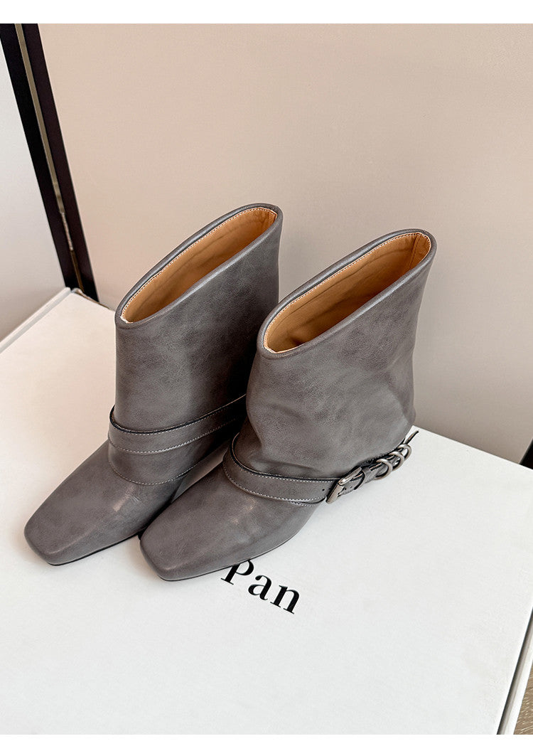 Karin Luna Data Hot Item Square Toe Hidden Wedge Belt Buckle Suede Ankle Boots