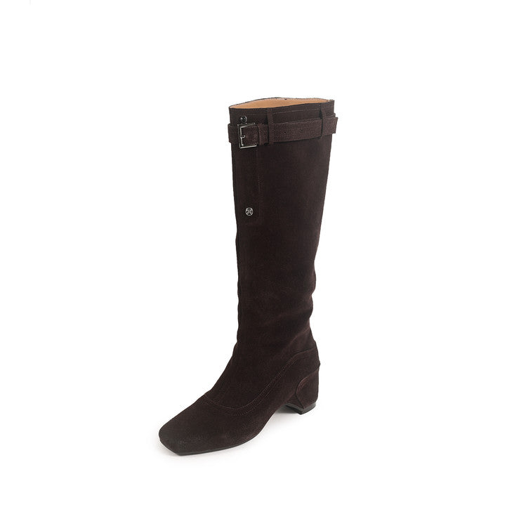 Karin Luna Belt Buckle Elegant Chunky Heel Suede Western Boots