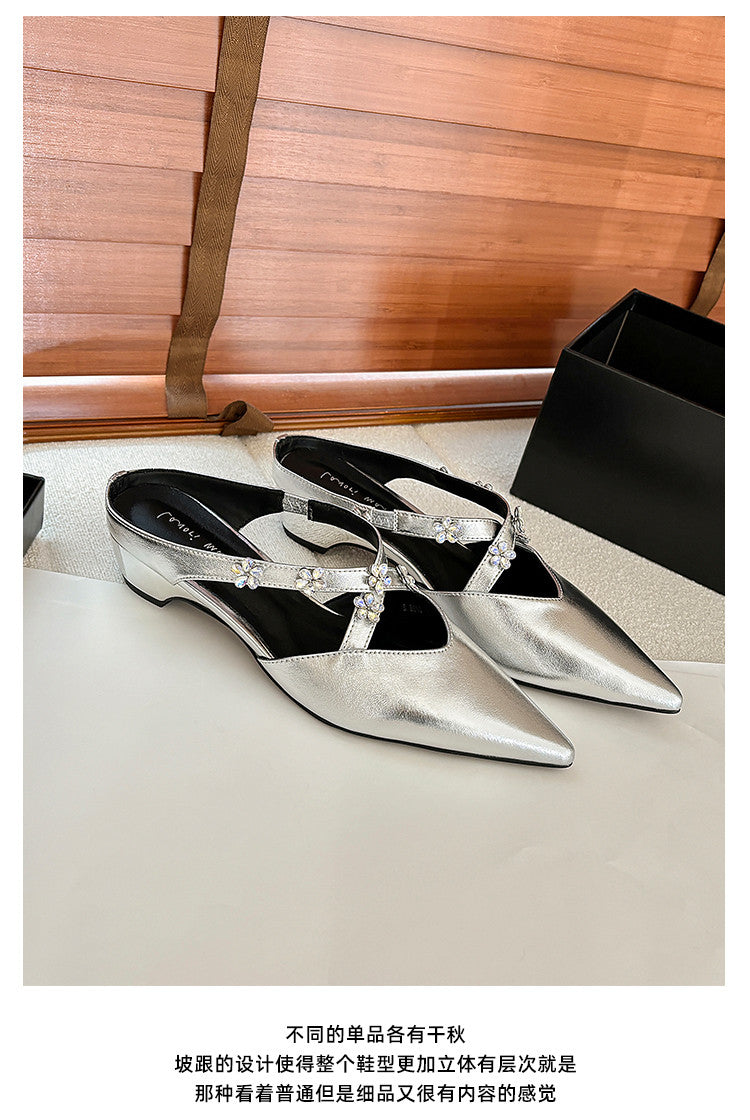 Karin Luna Elegant Pointed Toe Rhinestone Flower High Heel Mules