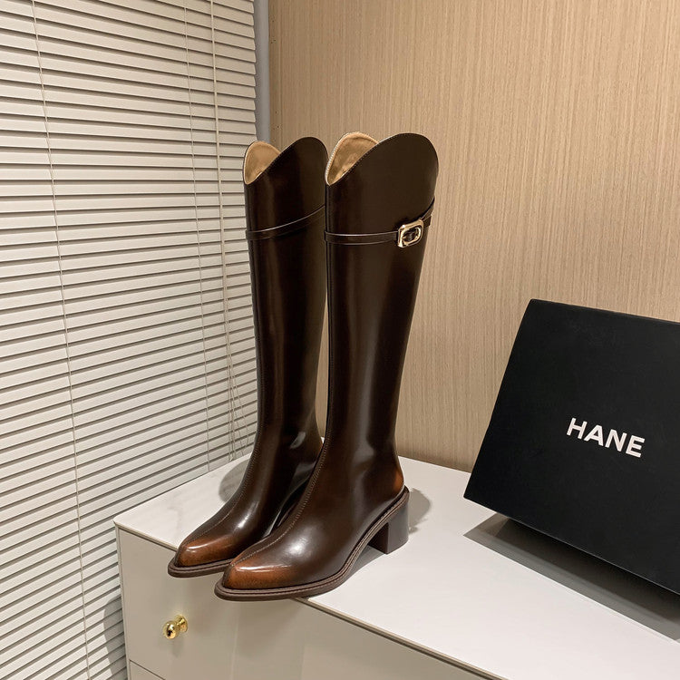 Karin Luna Classic Model In Stock Spot Goods  Elegant Belt Buckle Pointed Toe Chunky Heel Long Boots
