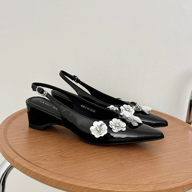 Karin Luna In Stock In Stock  Sequin Floral Pointed Toe Chunky Heel Closed-Toe Sandals