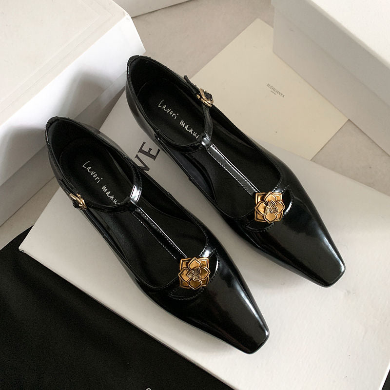 Karin Luna In Stock Spot Goods    Retro Classic Metal Camellia Irregular Heel Single Shoes