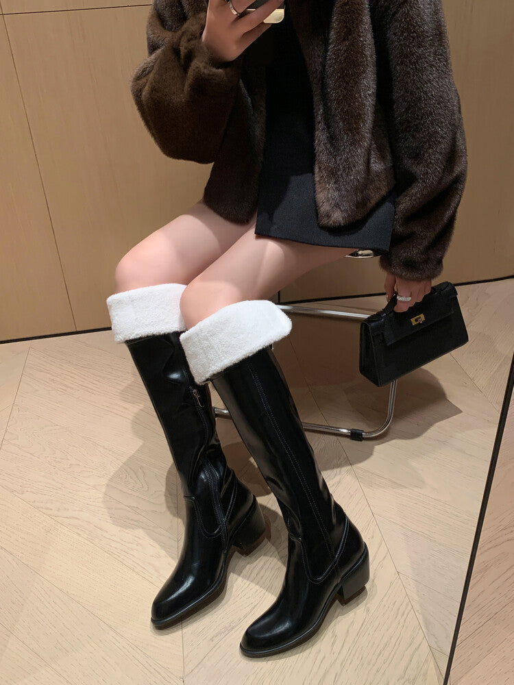 Karin Luna exploded  Three versions exploded Single Fleece Lining Fur Collar Version  Thick Fur Collar Foldable Hot-Selling Full Cowhide Pointed Toe Chunky Heel Classic Style