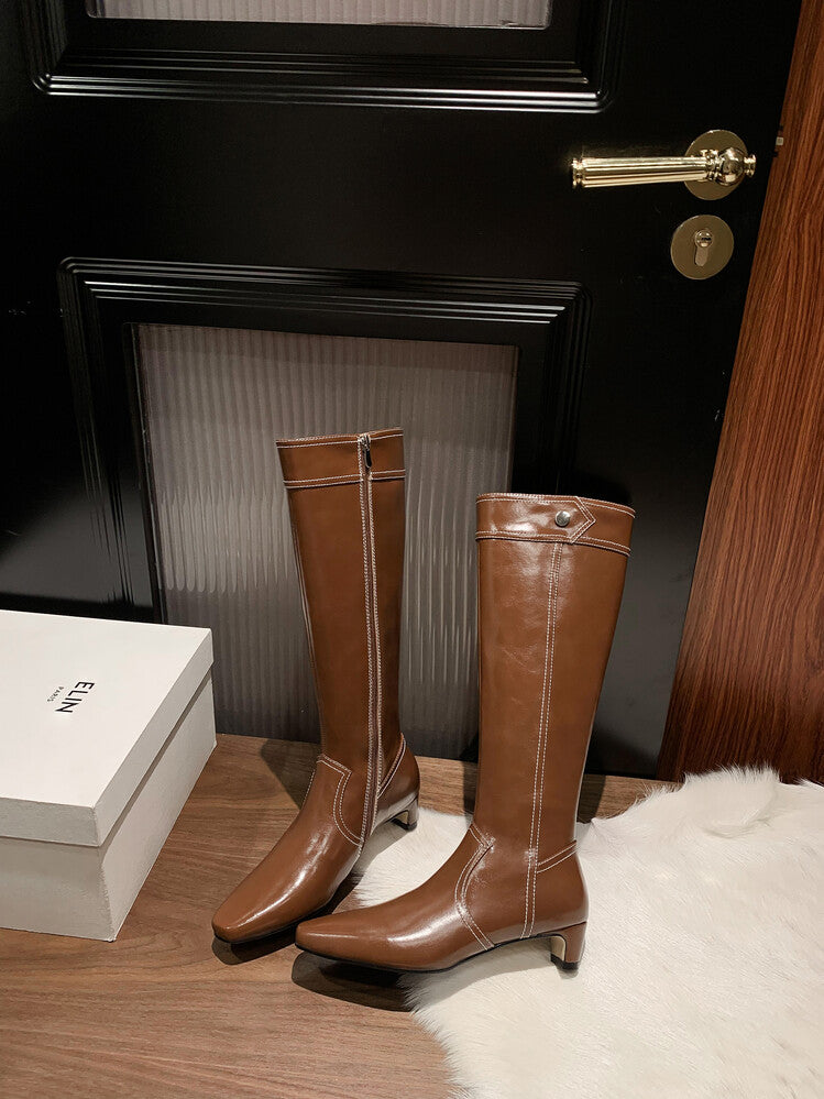 Karin Luna In Stock Spot Goods  Vintage Open Stitch Small Square Toe High Heel Side Zipper Riding Boots