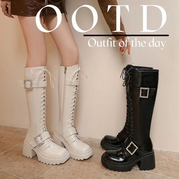 Karin Luna In Stock Spot Goods Bestselling Extended Version Rhinestone Square Buckle Thick Sole Lace-up Thick Sole Full Cowhide Knight Boots