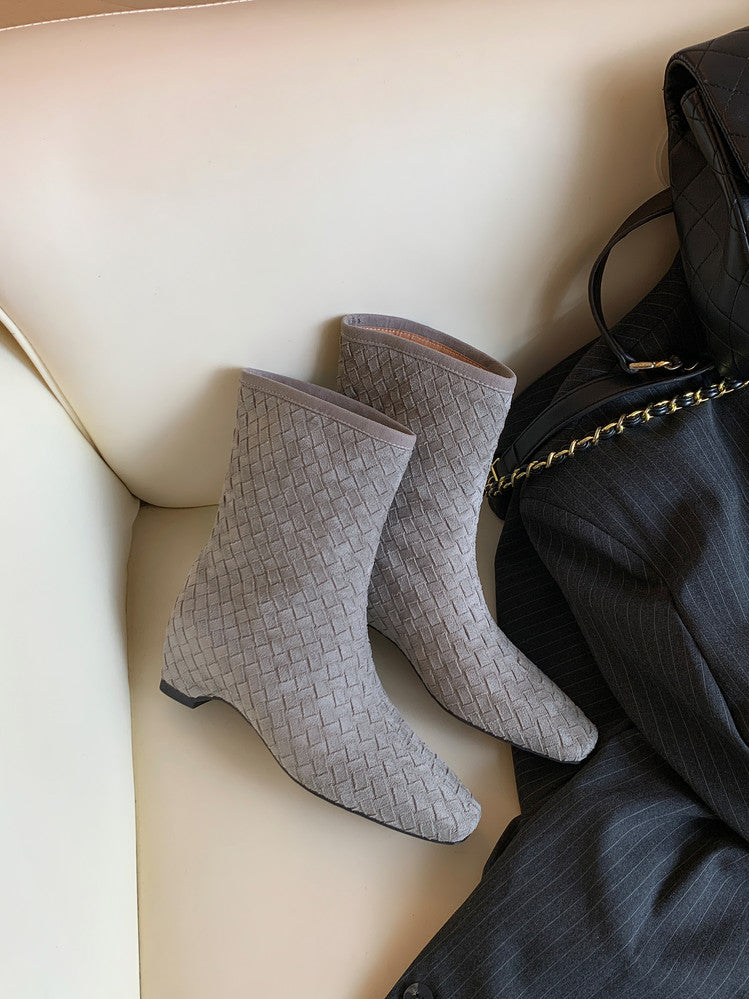 Karin Luna Handmade Woven Fabric Small Square Toe Hidden Heel Short Boots