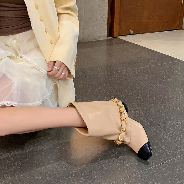Karin Luna Classic Style Xiangjia Style Chunky Heel Chain Ankle Boots