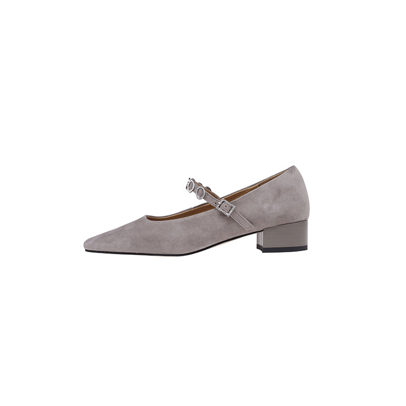 Karin Luna In Stock Spot Goods  Vintage Full Leather Square Toe Rhinestone Strap Shallow Mouth Single Shoes
