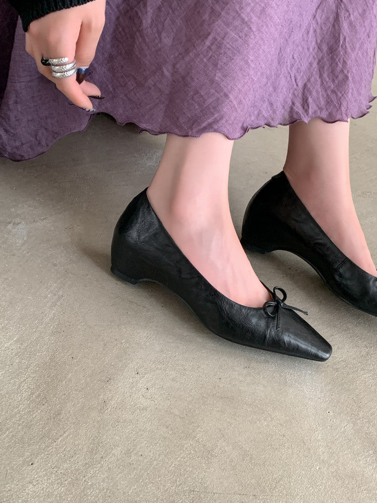 Karin Luna Full Layer Inside and Out~Basic Versatile Small Square Toe Butterfly Knot Irregular Heel Single Shoes