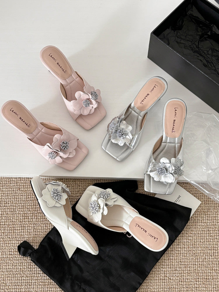 Karin Luna In Stock Spot Goods Camellia Classic style retro square toe shaped heel slippers