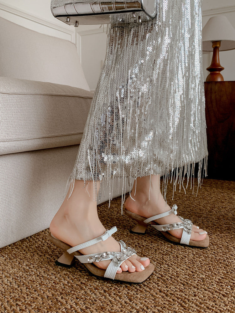 Karin Luna In Stock In Stock  Square Toe Rhinestone Bow Suede Slippers