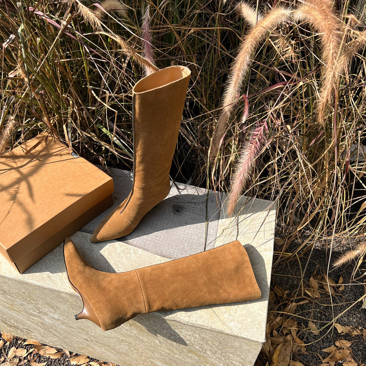 Karin Luna In Stock Spot Goods Retro Cowhide Pointed Toe Stiletto Elegant Long Boots