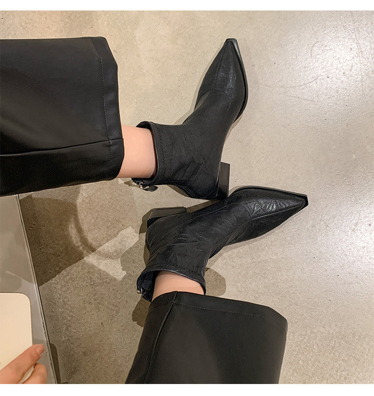 Karin Luna Elegant Style Pointed Toe Chunky Heel Short Boots
