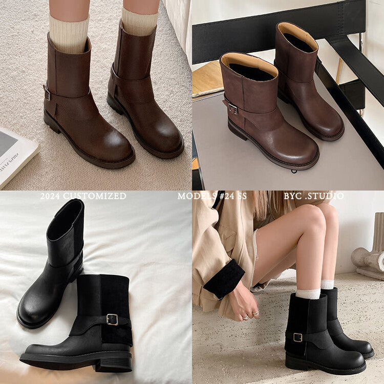 Karin Luna Belt Buckle Chunky Heel Fashion Short Boots
