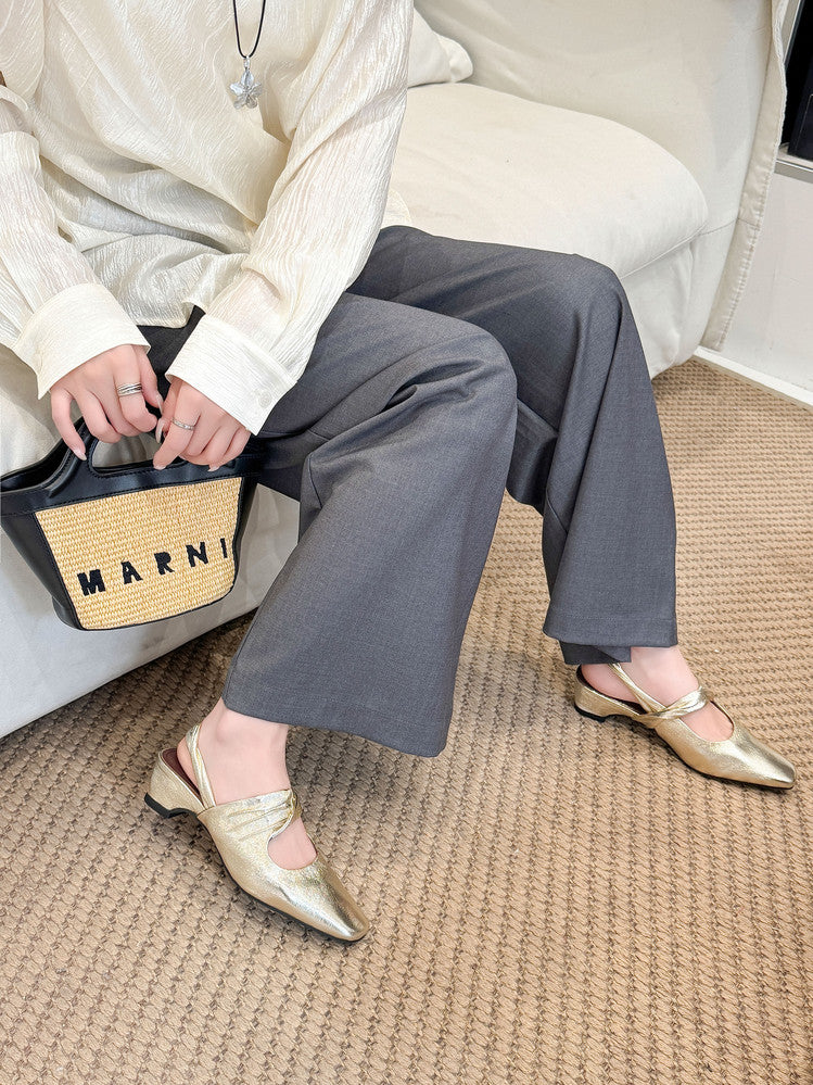 Karin Luna In Stock  Spot Goods Small Square Toe Wrinkled Chunky Heel Closed-Toe Sandals