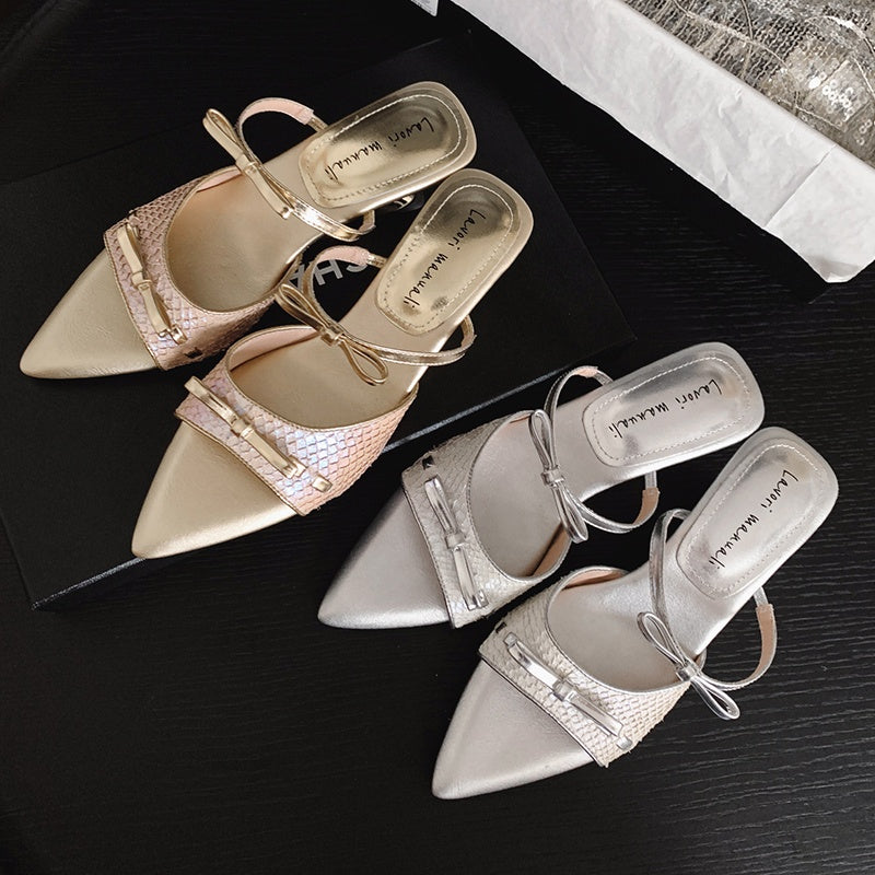Karin Luna Fish Skin Series~Pointed Toe Irregular Heel Bowknot Strap Slippers
