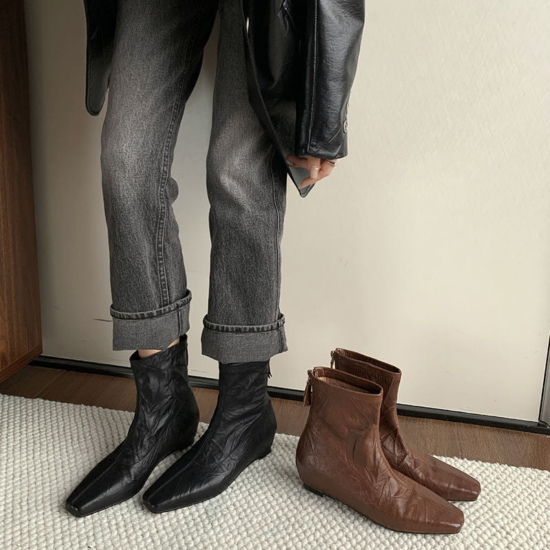 Karin Luna In Stock Spot Goods Slim Series  Hidden Wedge Small Square Toe Back Zipper Short Boots