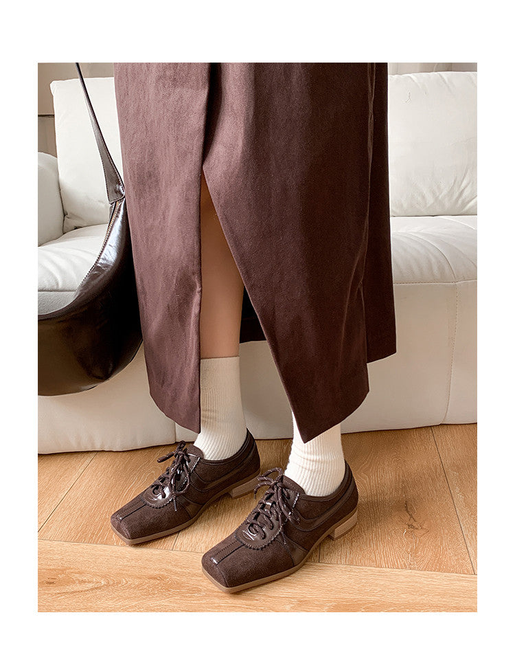 Karin Luna In Stock Spot Goods   Pig Nose Thin Strap Square Toe Patchwork Single Shoes