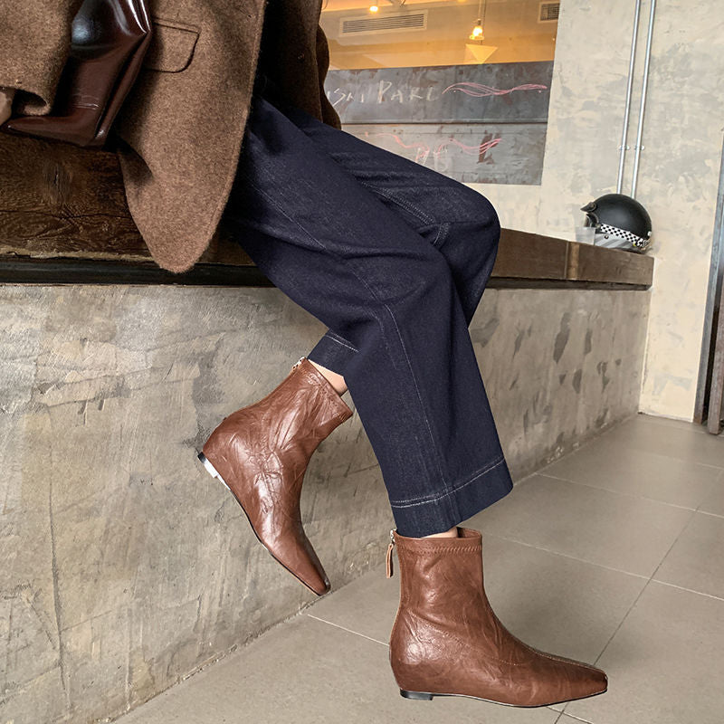Karin Luna In Stock Spot Goods Slim Series  Hidden Wedge Small Square Toe Back Zipper Short Boots