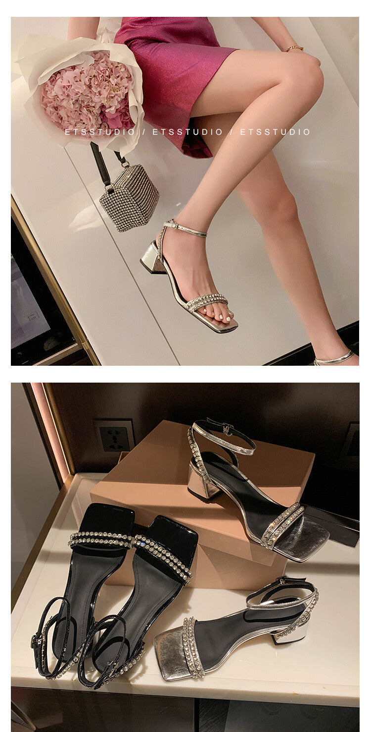 Karin Luna Classic Style   Rhinestone Strap Chunky Heel Open-Toe Sandals