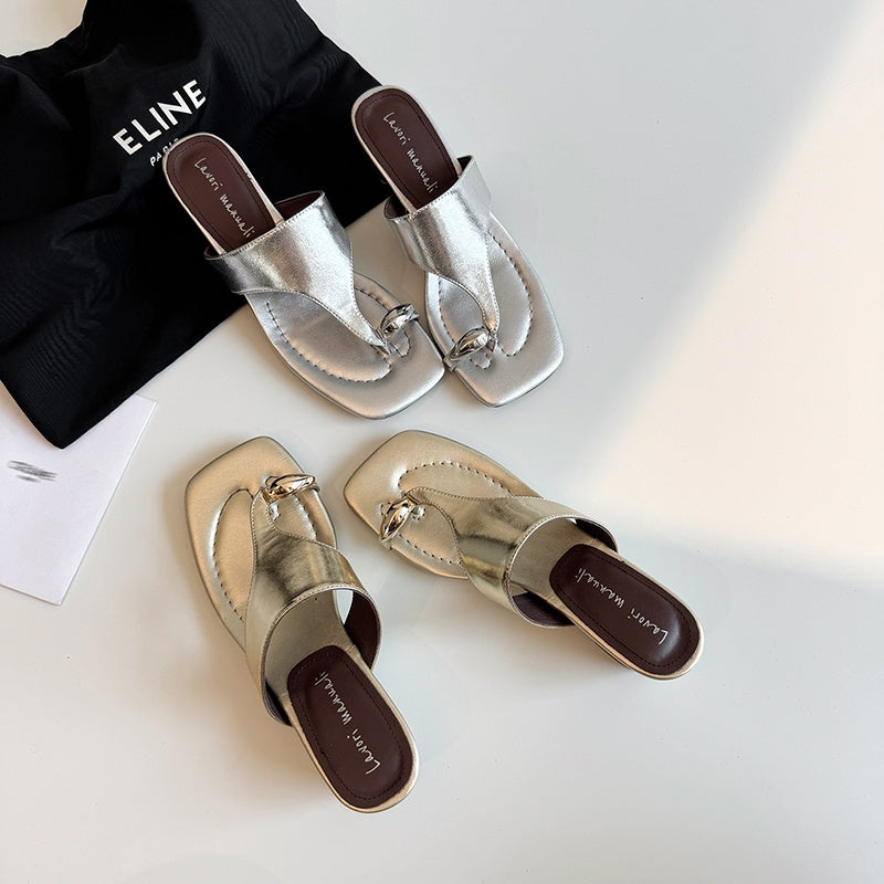Karin Luna In Stock Spot Goods Clip-toe Square Toe Metal Buckle Minimalist Slippers