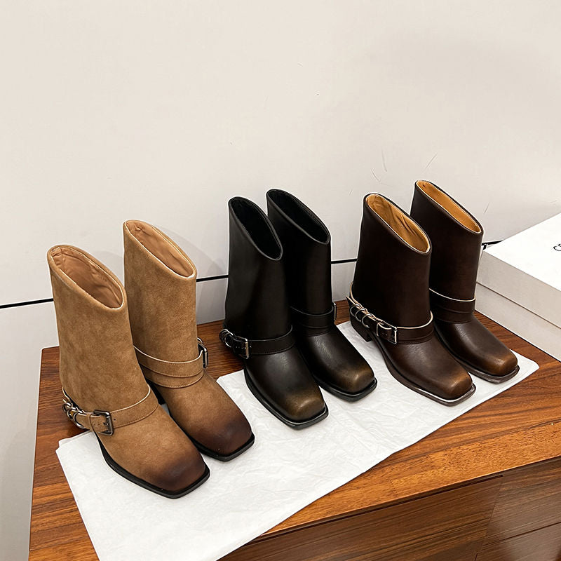 Karin Luna Elegant Style Square Toe Belt Buckle Pants Boot Short Boots