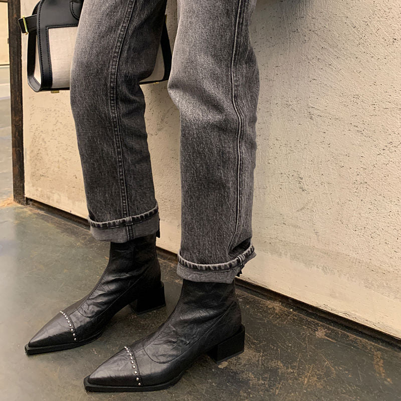 Karin Luna In Stock In Stock Slim Boots Series~Pointed Toe Rivet Slim Short Boots