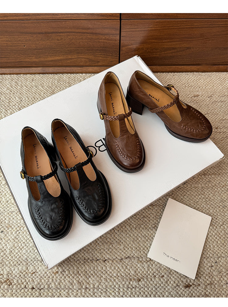Karin Luna In Stock Spot Goods Vintage Braided Twist High Heels T Round Toe Thick Sole Single Shoes