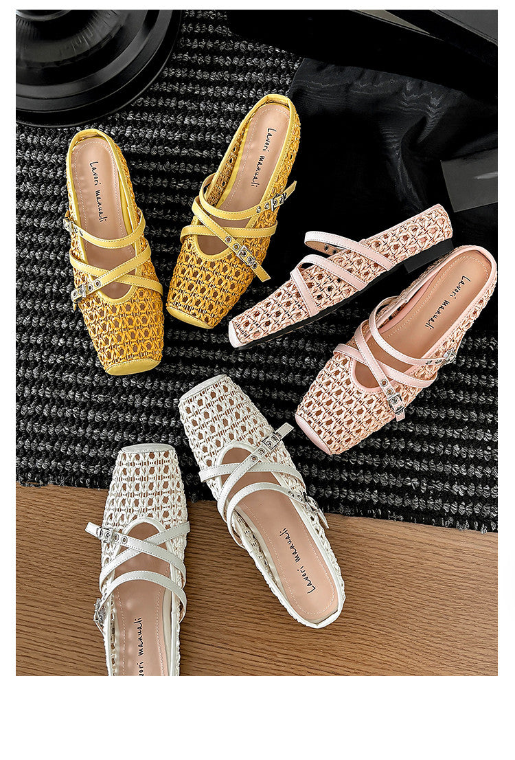 Karin Luna In Stock Spot Goods  Hot-Selling Square-Toe Woven Pig Nose Closed-Toe Slippers