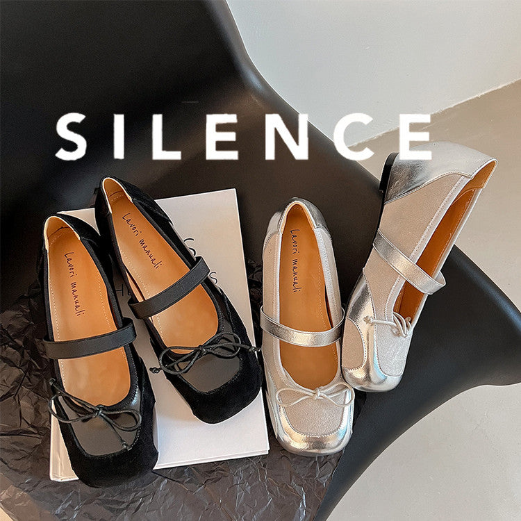 Karin Luna In Stock Spot Goods    Color Block Cowhide Leather Square Toe Slip-On Height Increasing Bowknot Flats