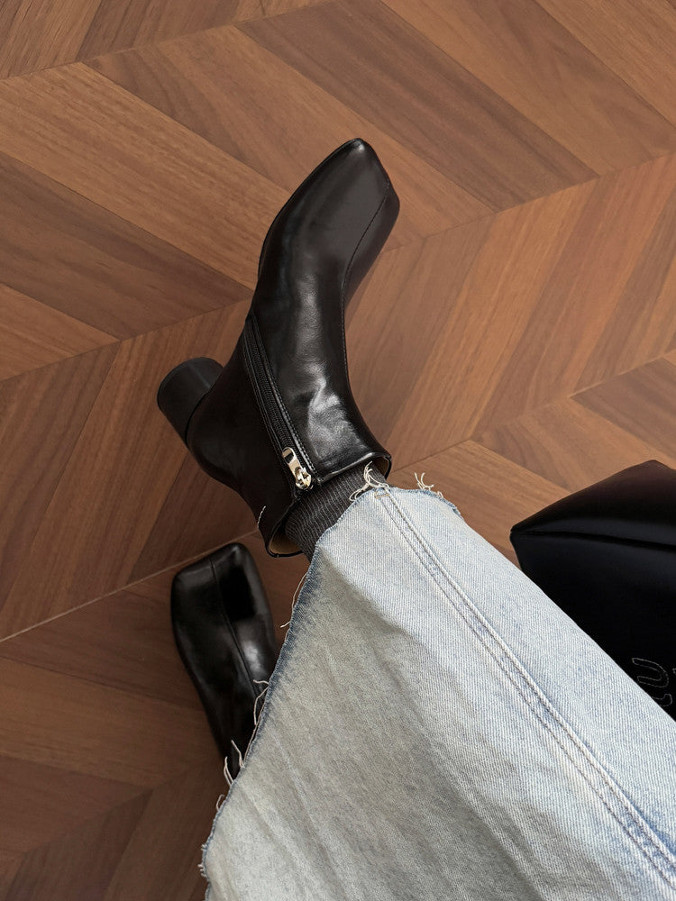 Karin Luna French Style Square Toe Chunky Heel Ankle Boots