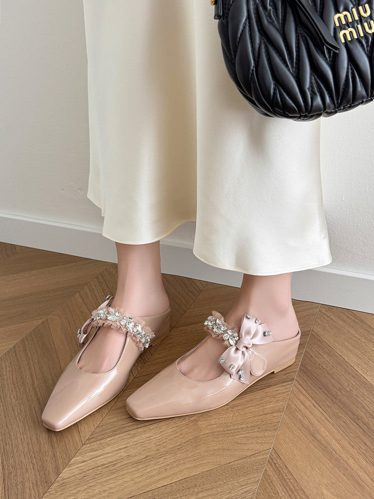 Karin Luna Handmade One-Strap Rhinestone Ribbon Square-Toe Mules