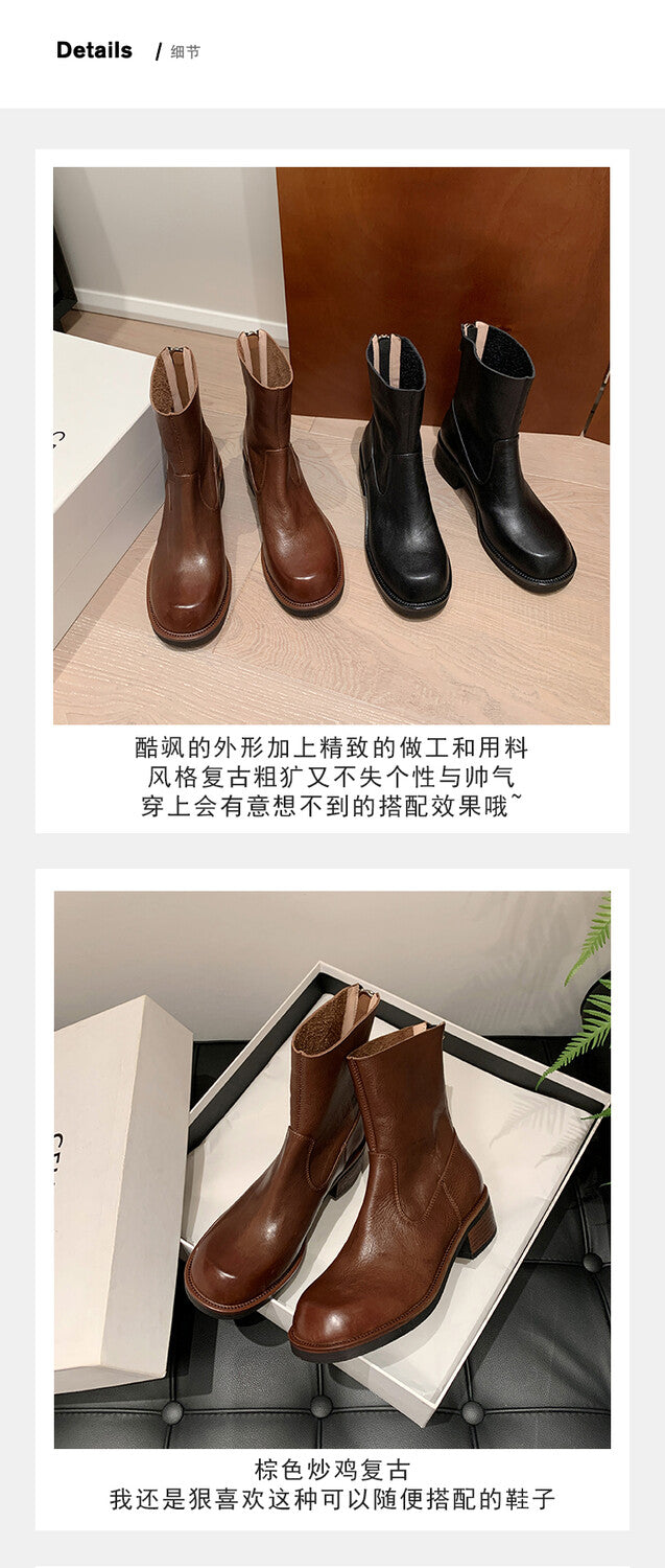 Karin Luna In Stock Spot Goods  Full-grain leather inside and out   Minimalist Texture  Round Toe Flat Bottom Basic Short Boots