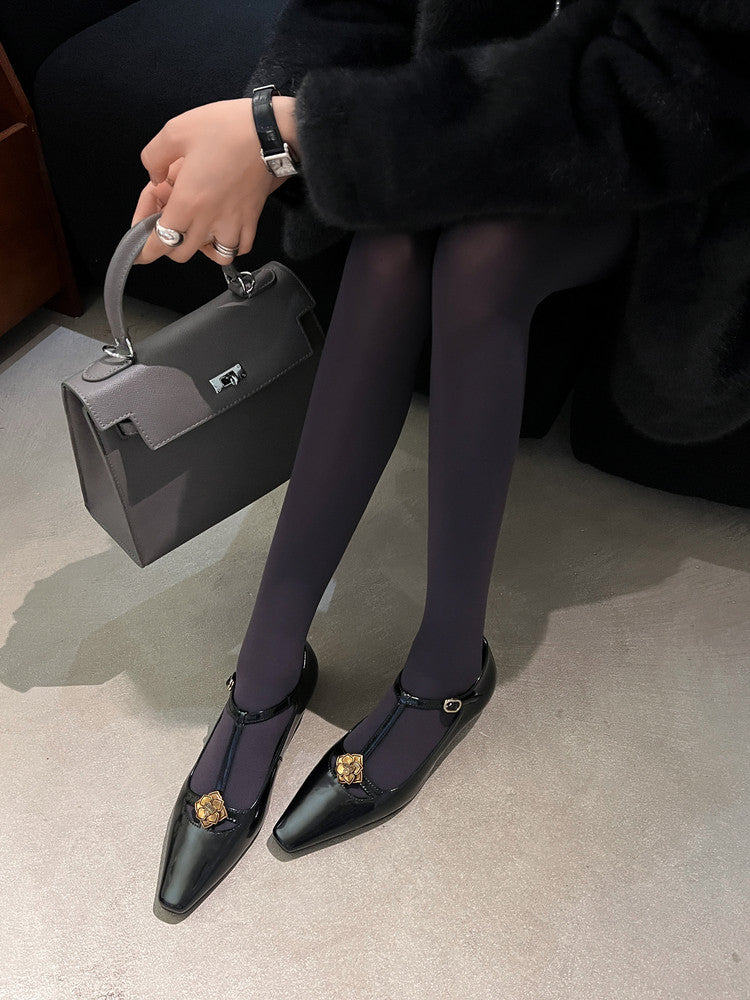 Karin Luna In Stock Spot Goods    Retro Classic Metal Camellia Irregular Heel Single Shoes