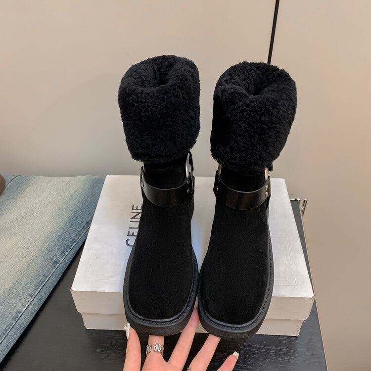Karin Luna Genuine Lamb Wool and Cowhide Leather Hot-selling Metal Buckle Round Toe Chunky Heel Main Push Main Push