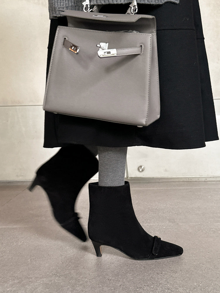Karin Luna Elegant Style Small Square Toe Belt Buckle Thin Heel Short Boots