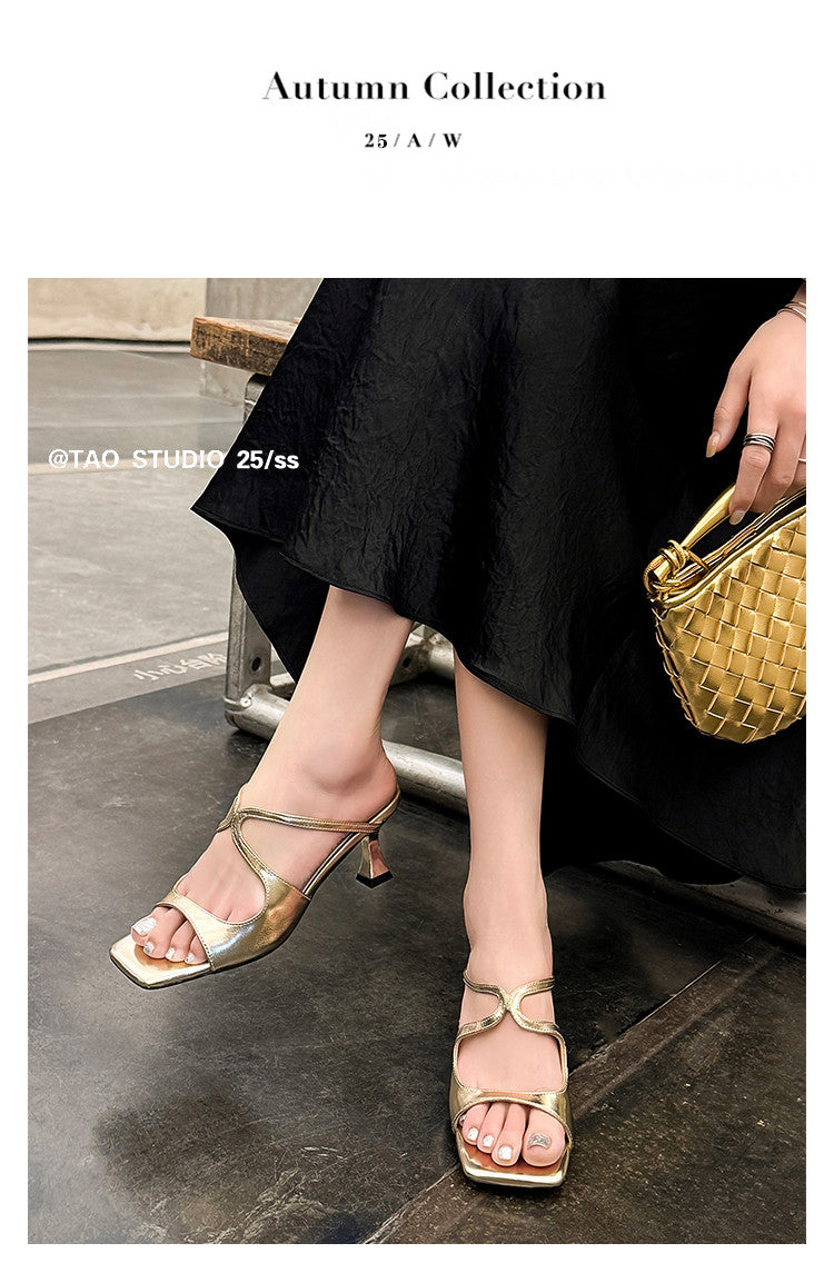 Karin Luna French Retro Square Toe Wrap Strap Open-Toe Slippers