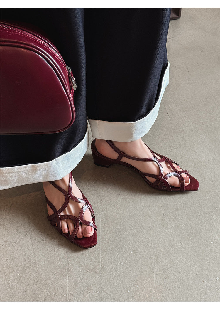 Karin Luna French Hollow Style Small Square Toe Chunky Heel Sandals