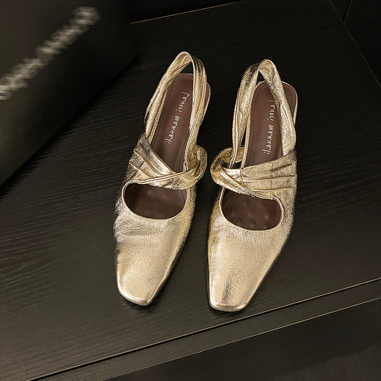 Karin Luna In Stock  Spot Goods Small Square Toe Wrinkled Chunky Heel Closed-Toe Sandals