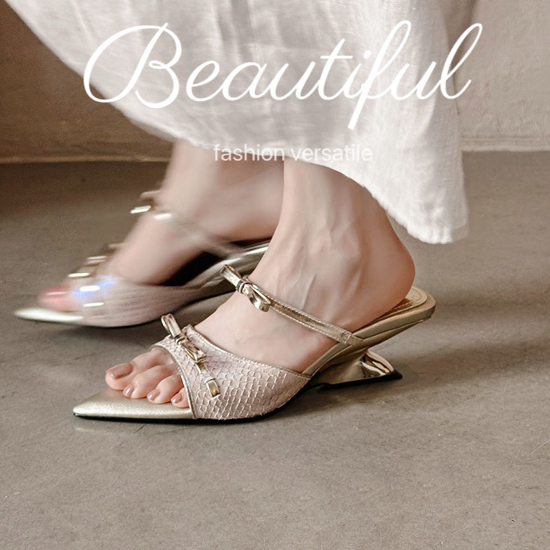 Karin Luna Fish Skin Series~Pointed Toe Irregular Heel Bowknot Strap Slippers
