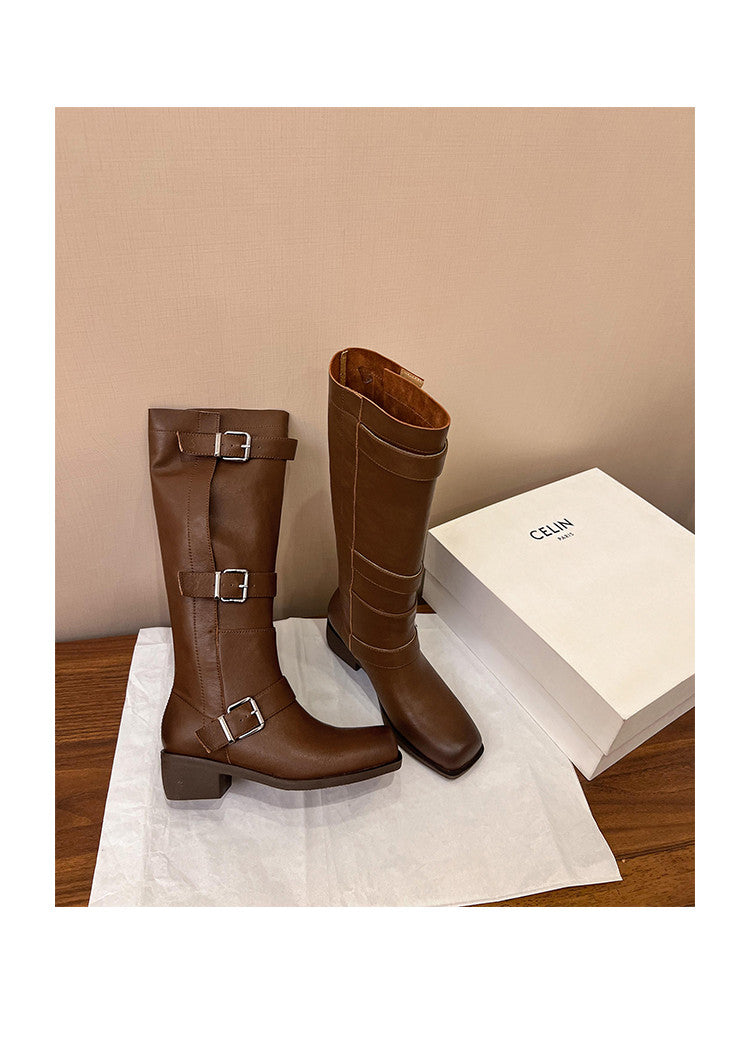 Karin Luna In Stock In Stock European and American Style Square Toe Thick Sole Belt Buckle Long Boots