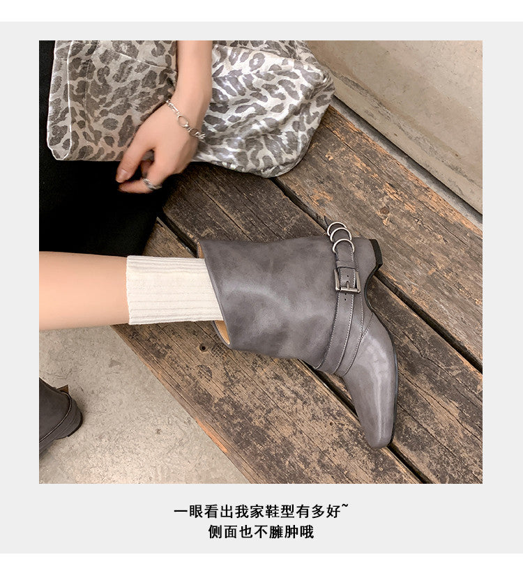 Karin Luna Data Hot Item Square Toe Hidden Wedge Belt Buckle Suede Ankle Boots