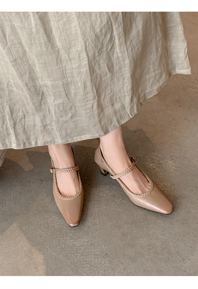 Karin Luna Braided Element Design Chunky Heel Square Toe Single Strap Shoes