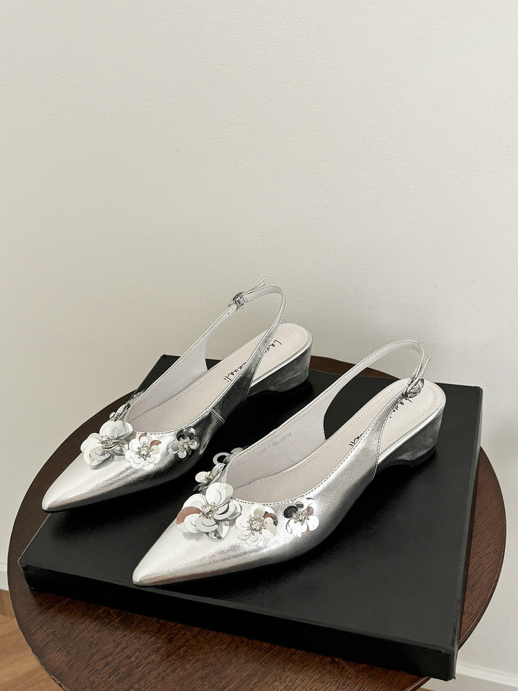 Karin Luna In Stock In Stock  Sequin Floral Pointed Toe Chunky Heel Closed-Toe Sandals