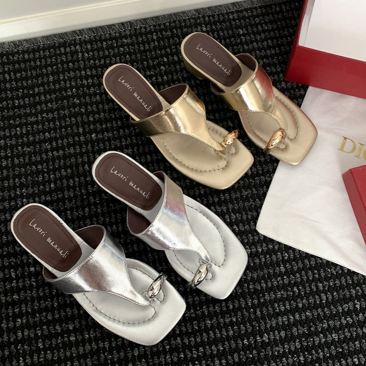 Karin Luna In Stock Spot Goods Clip-toe Square Toe Metal Buckle Minimalist Slippers