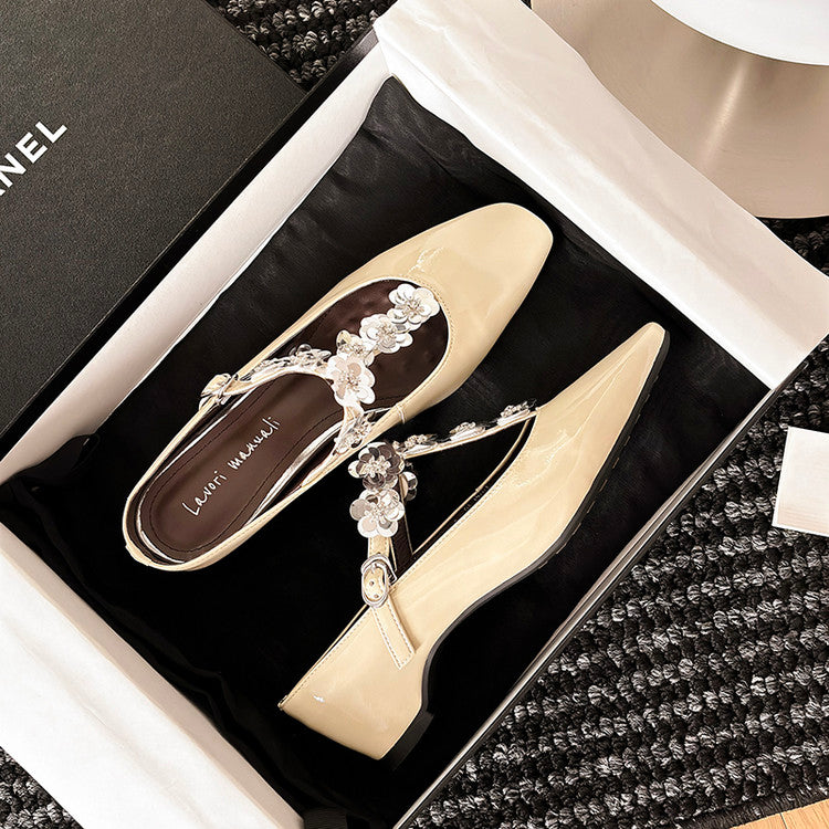 Karin Luna In Stock Spot Goods  T Handmade Sequin Flower Square Toe Height-Increasing Closed-Toe Slippers