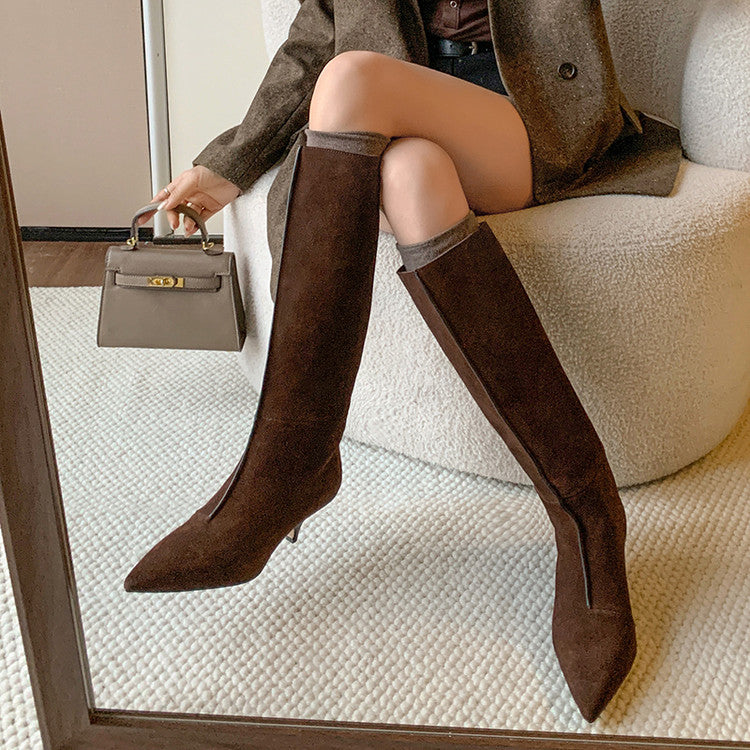 Karin Luna In Stock Spot Goods Retro Cowhide Pointed Toe Stiletto Elegant Long Boots