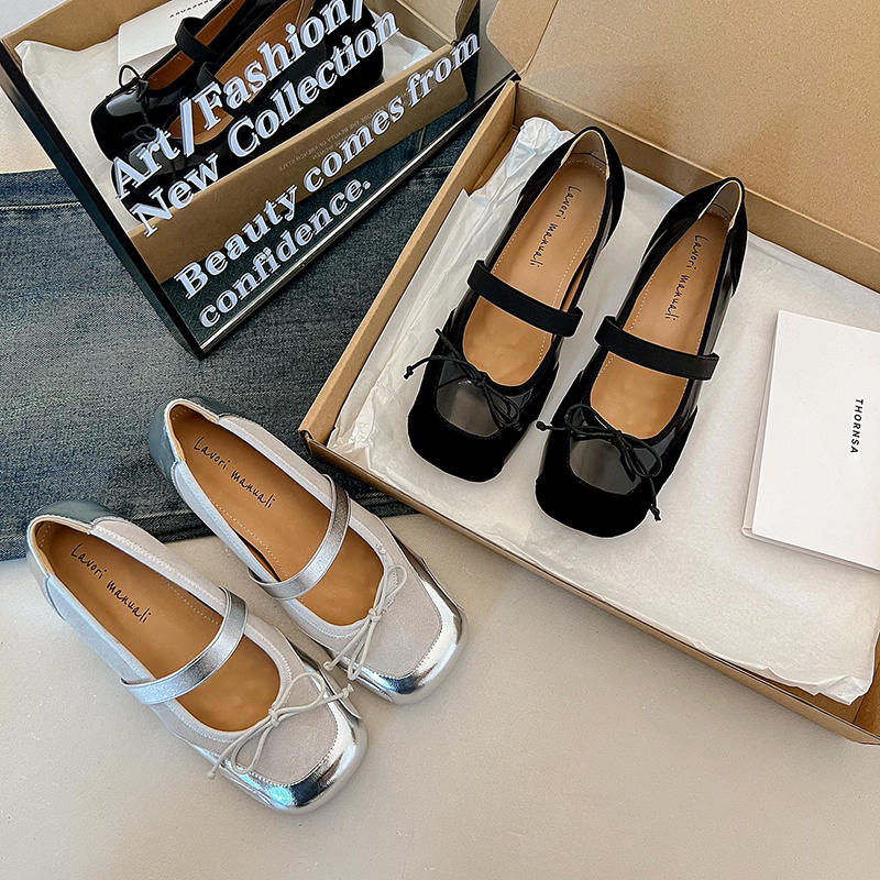 Karin Luna In Stock Spot Goods    Color Block Cowhide Leather Square Toe Slip-On Height Increasing Bowknot Flats