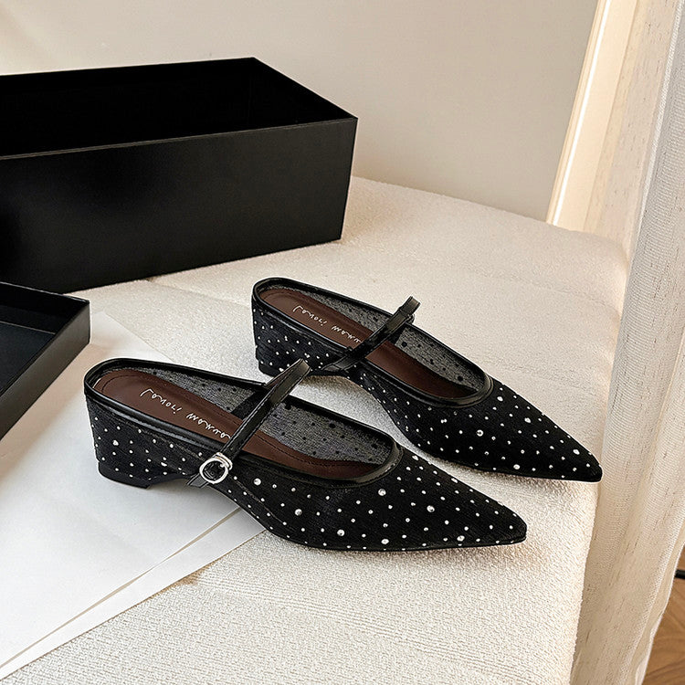 Karin Luna In Stock Spot Goods  Breathable Mesh Fabric Embellished Hand Drill Pointed Toe Slippers